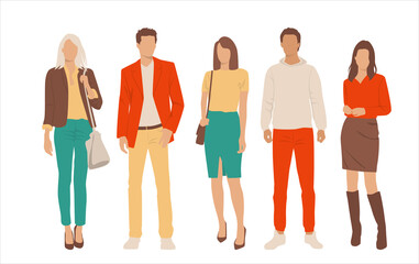 Fototapeta premium Set of young men and women, different colors, cartoon character, group of silhouettes of standing business people, students, the design concept of flat icon, isolated on white background