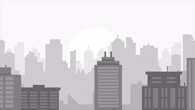 city skyline landscape view, town buildings and skyscrapers, urban cityscape town sky. Architecture silhouette of downtown. minimalistic panoramic sight. looped animation with 2d parallax effect