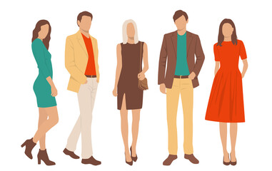 Obraz premium Set of young men and women, different colors, cartoon character, group of silhouettes of standing business people, students, the design concept of flat icon, isolated on white background