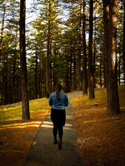 Woman walks in pine forest