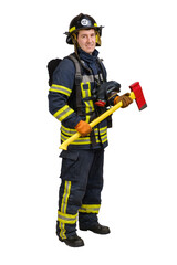 Full body young brave man in uniform and hard hat of fireman holds axe and looking at camera with smile isolated on white background