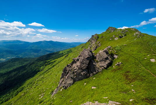 Summer rocky mountain slope. Pikuj Mountain top, Carpathian, Ukr