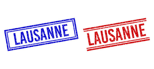 LAUSANNE stamp seal overlays with grunge style. Vectors designed with double lines, in blue and red versions. Phrase placed inside double rectangle frame and parallel lines.