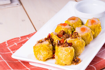 hot restaurant processed siomai with chili sauce