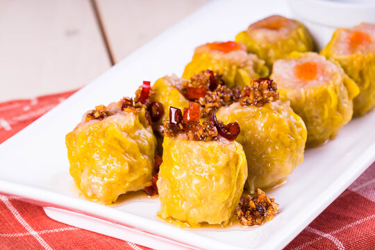 hot restaurant processed siomai with chili sauce