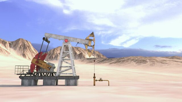 Oil pump working in desert in clear blue sky day. Looped 3d animation. Cycle