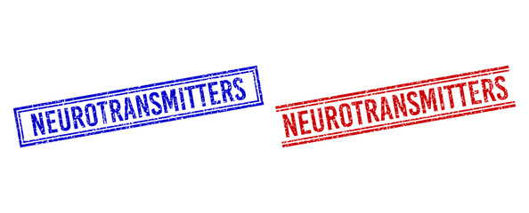 NEUROTRANSMITTERS rubber overlays with distress style. Vectors designed with double lines, in blue and red variants. Tag placed inside double rectangle frame and parallel lines.