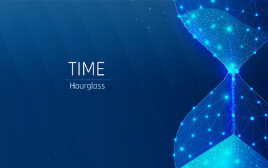 hourglass as a symbol of keeping time . deadline concept. glass flask with sand inside .Time, countdown. vector illustration, triangle, plexus, low poly, looks like constellation  blue background, dot
