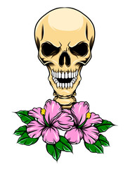 Glossy skull with teeth and realistic flowers for the tattoos inspiration
