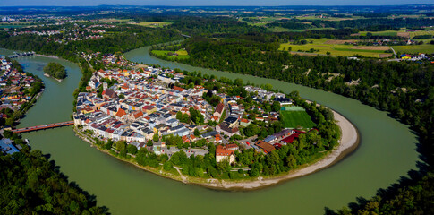 Aerial view of the city Wasserburg am Inn in Bavaria on a sunny spring morning.	