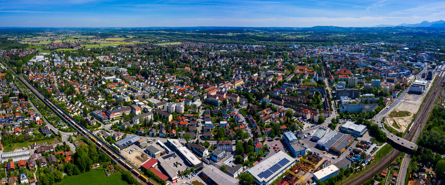 Aerial view of the city Rosenheim in Germany, Bavaria on a sunny spring day 