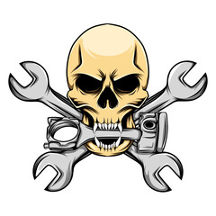 The bikers logo inspiration of the death skull biting the wrench