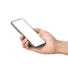 Man hand holding the black smartphone with blank screen isolated on white background with clipping path, Can use mock-up for your application or website design project.
