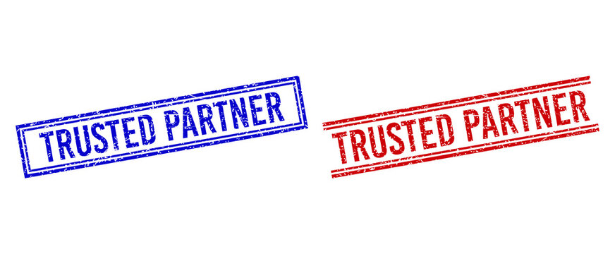 TRUSTED PARTNER stamp seal overlays with distress texture. Vectors designed with double lines, in blue and red colors. Label placed inside double rectangle frame and parallel lines.