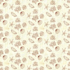 Coastal shell drawn etching seamless pattern. Marine 2 tone seashell printed background for interior textiles and modern trendy maritime fashion. Sea life all over design vector repeat.
