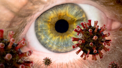 Flu coronavirus floating over male green eye macro shot. Covid19 dangerous flu