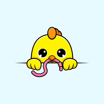 Cute chicks popup and bring worm vector mascot illustration