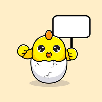 Cute chicks holding blank text board vector mascot illustration