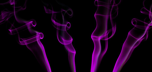 collection swirling movement of purple smoke group, abstract line Isolated on black background