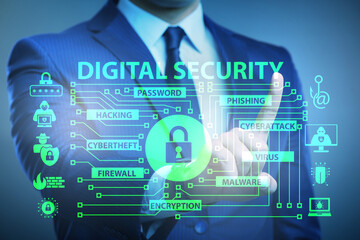 Digital security concept with businessman pressing button