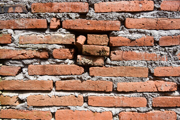 Red grunge brick wall, abstract background texture with old dirty and vintage style pattern