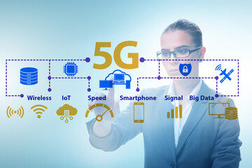 Businesswoman pressing button in 5g concept