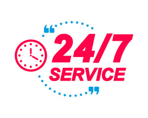 24 7 Service labels. Speech bubbles with clock icon. Advertising and marketing sticker.