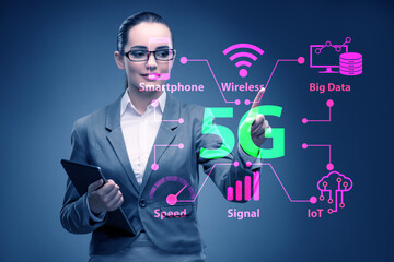 Businesswoman pressing button in 5g concept