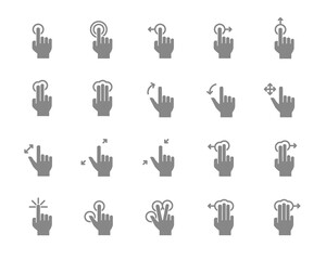 Set of touch screen gestures grey icon. Hand click, finger multi touch, cursor pointer and more.