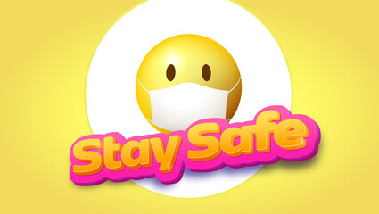 Stay safe. Yellow emoji in face mask. Volumetric text in vintage style. Vector 3d illustration.
