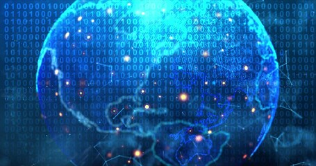 Spinning cyber  globe sphere for data networking technology and futuristic concept on the dark background, dot and lighting earth with dark and grain processed - Powered by Adobe