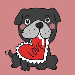 Black bull dog with love heart pillow cartoon vector illustration