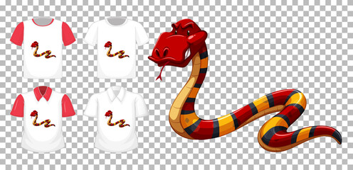 Obraz premium Red snake cartoon character with many types of shirts on transparent background