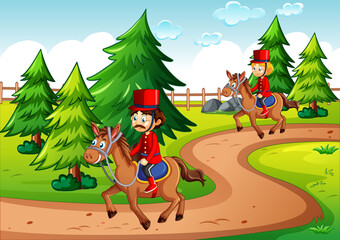 Soldiers riding horse in the park scene
