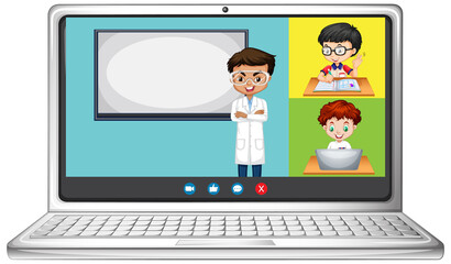 Student video chat online screen on laptop on white background