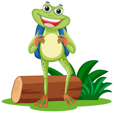 Funny frog cartoon character with nature element on white background