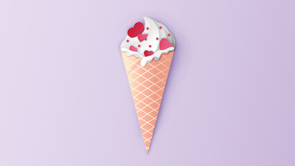 Ice cream cone with heart topping. Ice cream cone happy valentine's day. paper cut and craft style. vector, illustration.