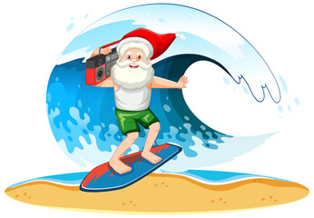 Naklejka premium Santa Claus surfing with wave in summer theme on white background