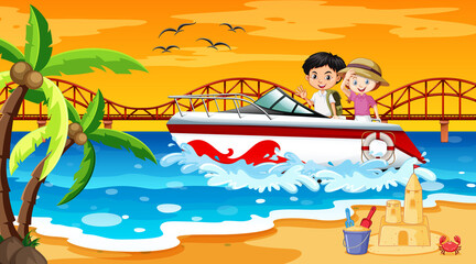 Beach scene with children standing on a speed boat