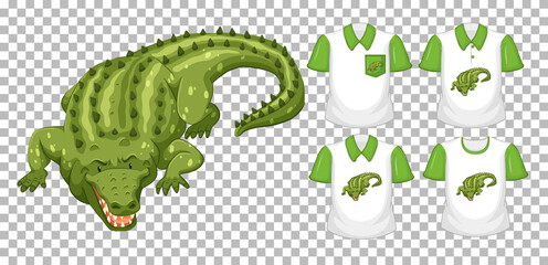 Set of different shirts with crocodile cartoon character isolated on transparent background