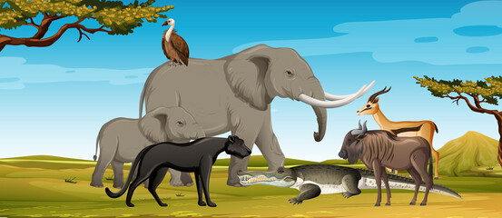 Gruppe wilder afrikanischer Tiere in der Waldszene © blueringmedia