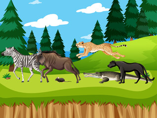 Gruppe wilder afrikanischer Tiere in der Waldszene © blueringmedia