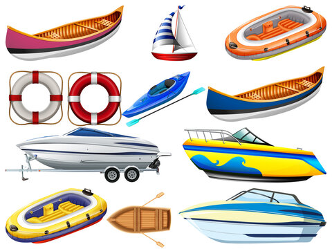 Set of different kind of boats and ship isolated on white background