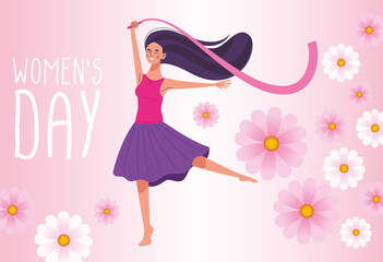 Obraz na płótnie Canvas beautiful woman happy dancing with ribbon and womens day lettering