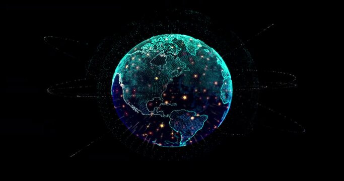 Spinning cyber  globe sphere for data networking technology and futuristic concept on the dark background, dot and lighting earth with dark and grain concept