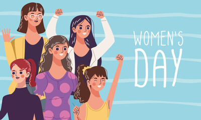 Fototapeta na wymiar celebrating womens day, group of five young women characters