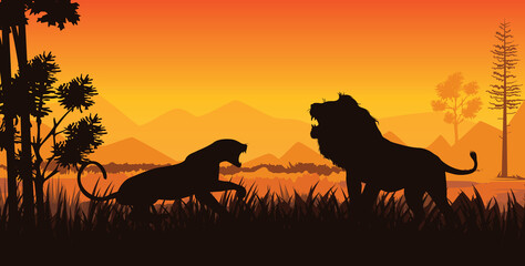 Fototapeta na wymiar Tiger and lion fighting silhouette