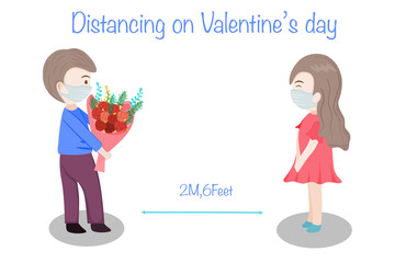 Boy and girl stay safe on valentine ‘s day by wearing mask and stay social distancing for give her flower for safe from coronavirus.vector illustrated 