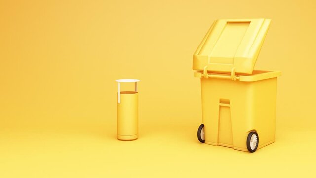 Yellow trash can open the lid 3d rendering