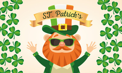 happy saint patricks day lettering poster with leprechaun and clovers